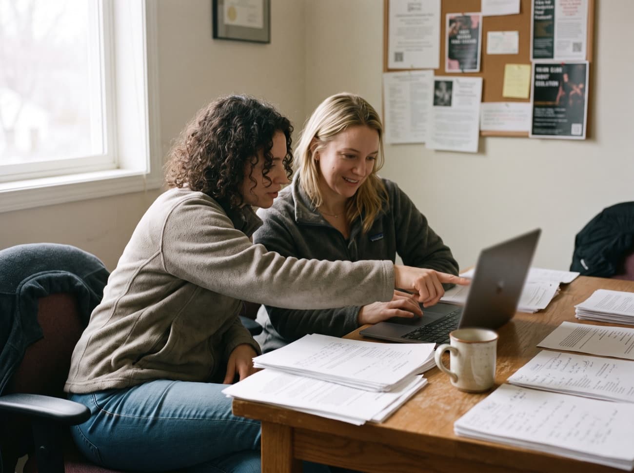 Two studio staff members reviewing family records on a laptop